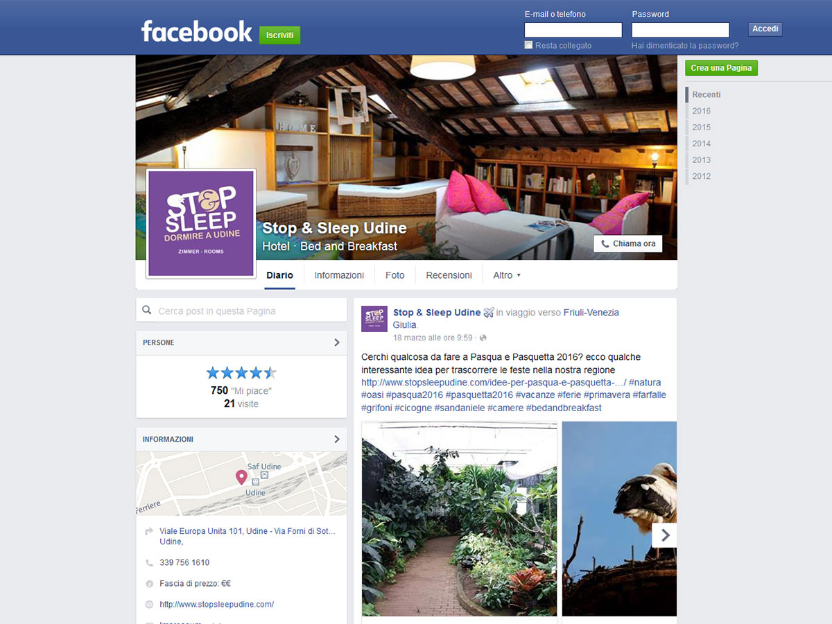 Stop&Sleep Udine - gestione pagina di Facebook